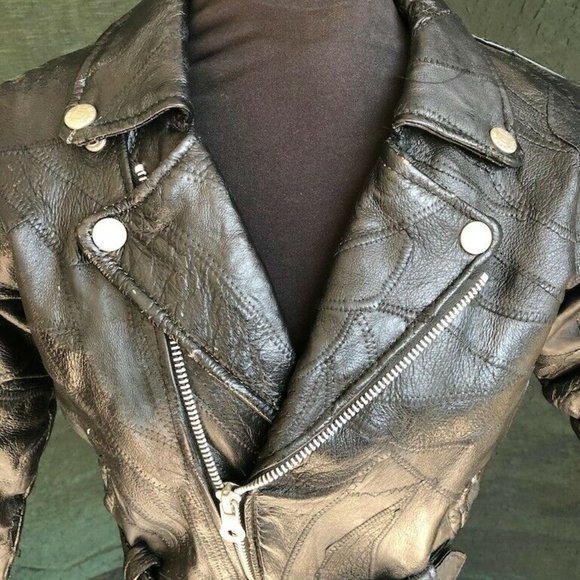 Vintage Diamond Plate Black Leather Crop Jacket Patchwork 3/4 Sleeve Size XS - Picture 6 of 6